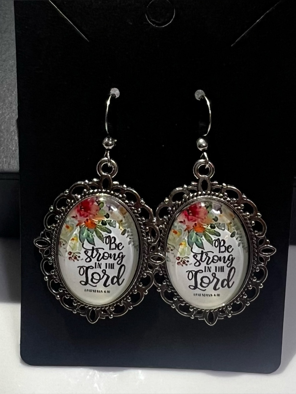"Be Strong in the Lord" Oval Dangle Floral Earrings - Silver Tone